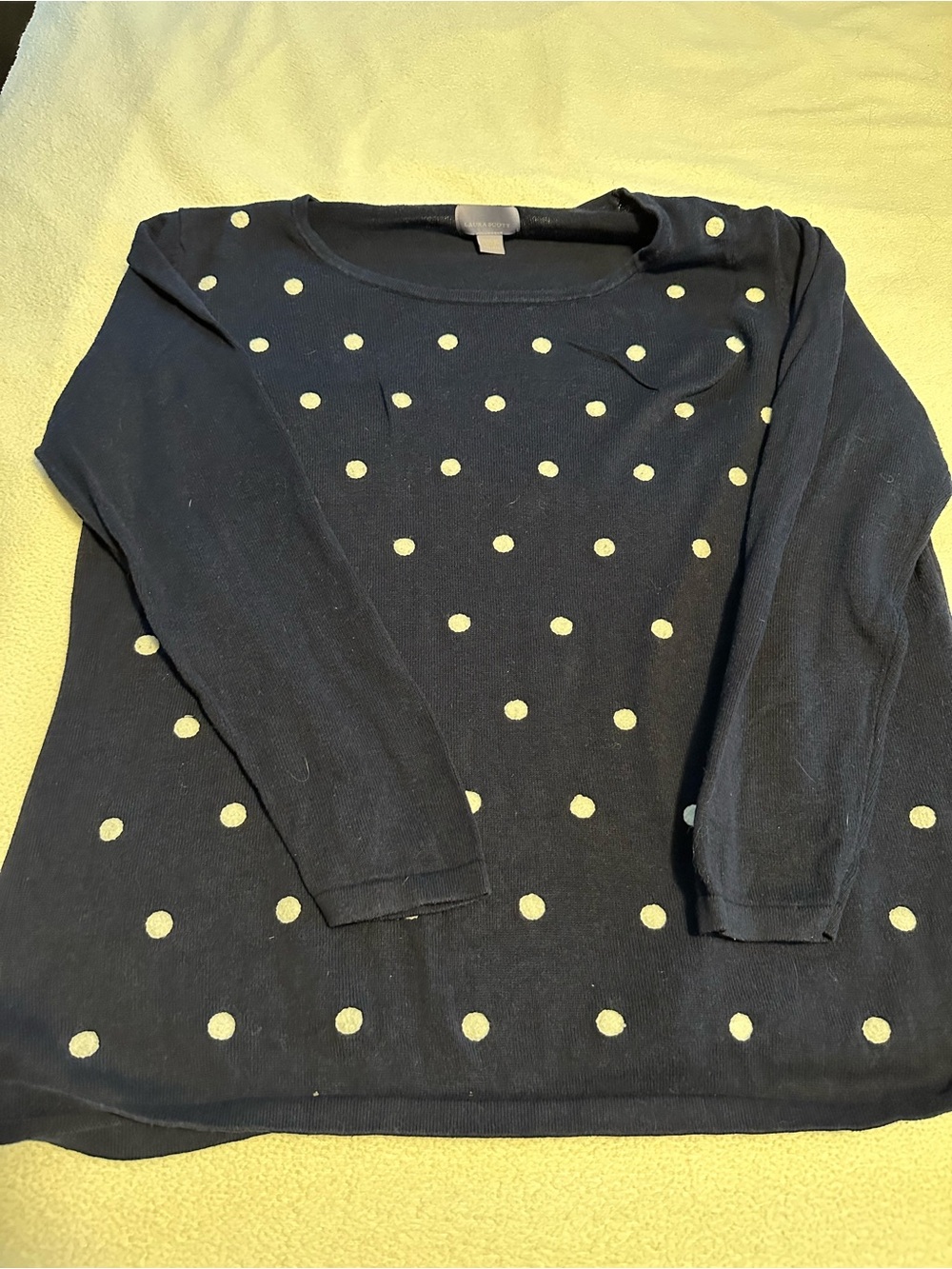 Laura Scott Navy Crewneck Sweater with Cream Polka Dots